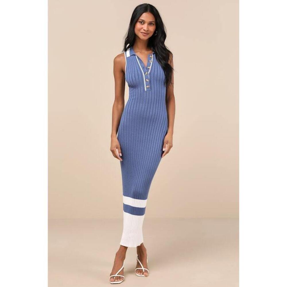 Lulus Stefany Denim Blue Ribbed Knit Collared Midi Sweater Dress - Size M